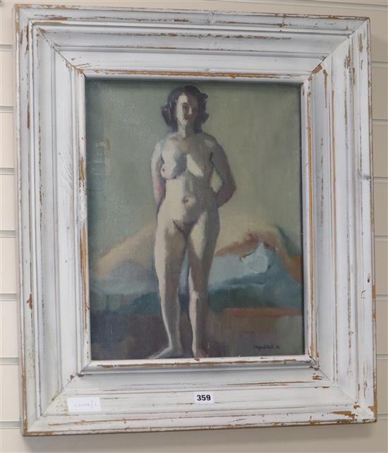 Attributed to Clifford Hall, oil on canvas, Standing female nude, bears signature and dated 39, 44 x 36cm